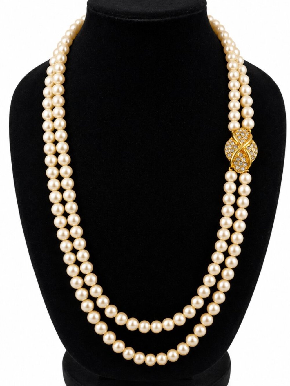 Monet Double Strand Faux Pearl Necklace Rhinestone Statement Clasp